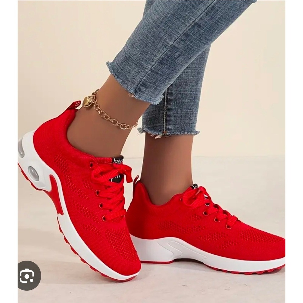 Fashion Red Knit Air Cushion Sneakers Womens Size 36 US 6 Mesh Lace Up Trainers